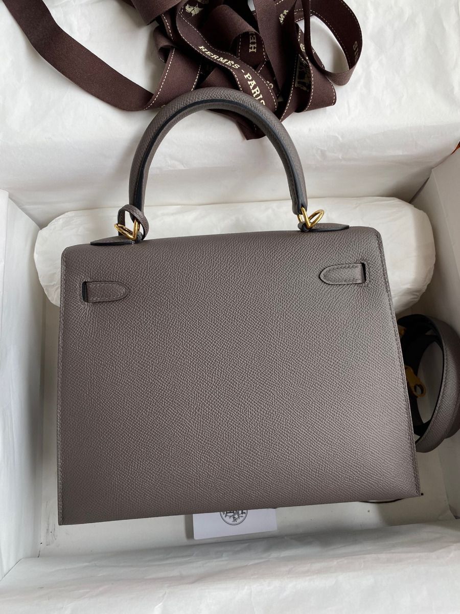 Hermes Kelly Sellier 25 Handmade Bag In Etain Epsom Calfskin - Image 3