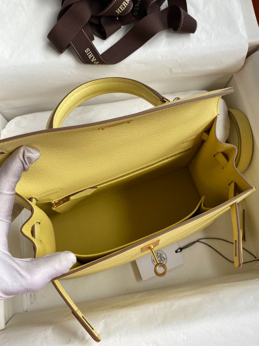 Hermes Kelly Sellier 25 Handmade Bag In Jaune Poussin Epsom Calfskin - Image 9