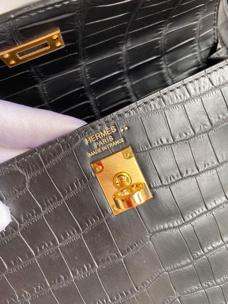 Hermes Kelly Retourne 25 Handmade Bag In Black Crocodile Niloticus Matte Skin - Image 8