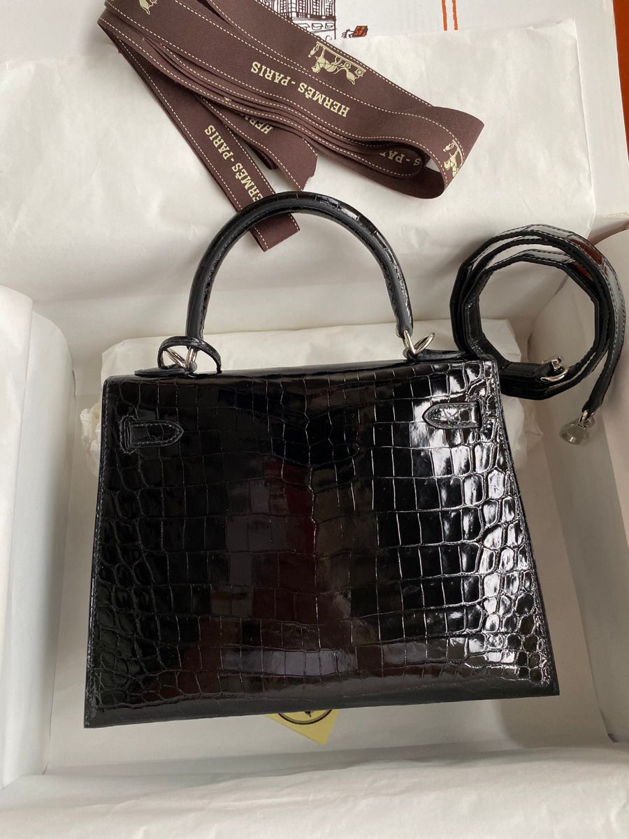 Hermes Kelly Sellier 25 Diamond Bag In Black Crocodile Niloticus Shiny Skin - Image 3