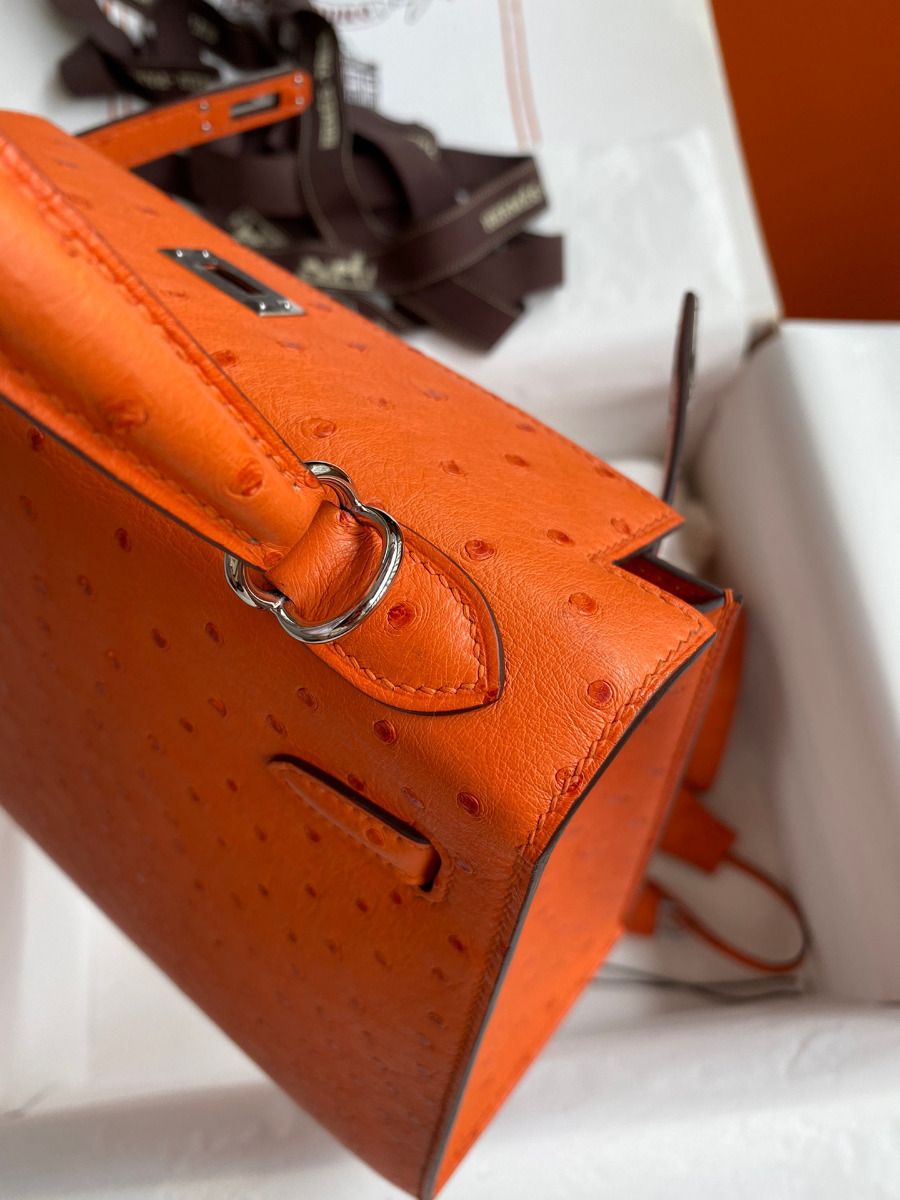 Hermes Kelly Sellier 25 Handmade Bag In Orange Ostrich Leather - Image 7