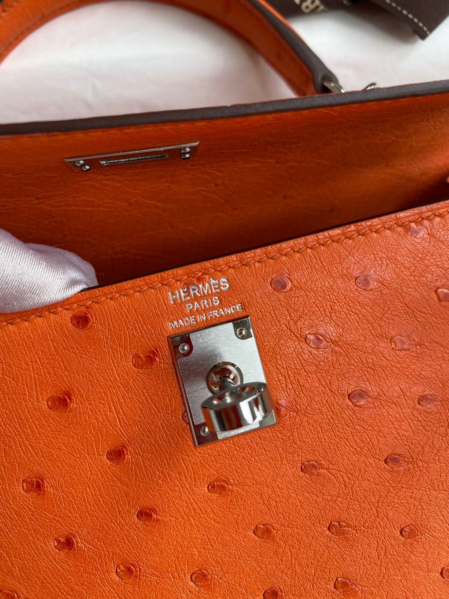 Hermes Kelly Sellier 25 Handmade Bag In Orange Ostrich Leather - Image 8