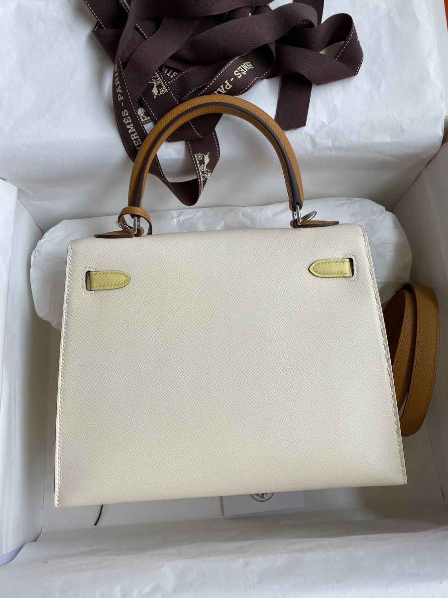 Hermes Kelly Sellier 25 Tricolor Bag in Craie/Sesame/Yellow Epsom Calfskin - Image 3