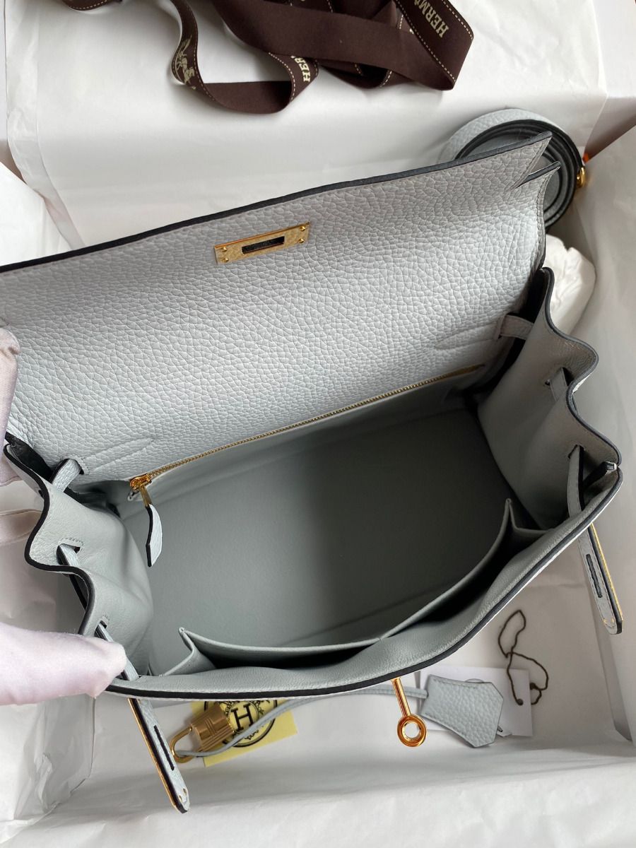 Hermes Kelly Retourne 28 Handmade Bag In Blue Glacier Clemence Leather - Image 9