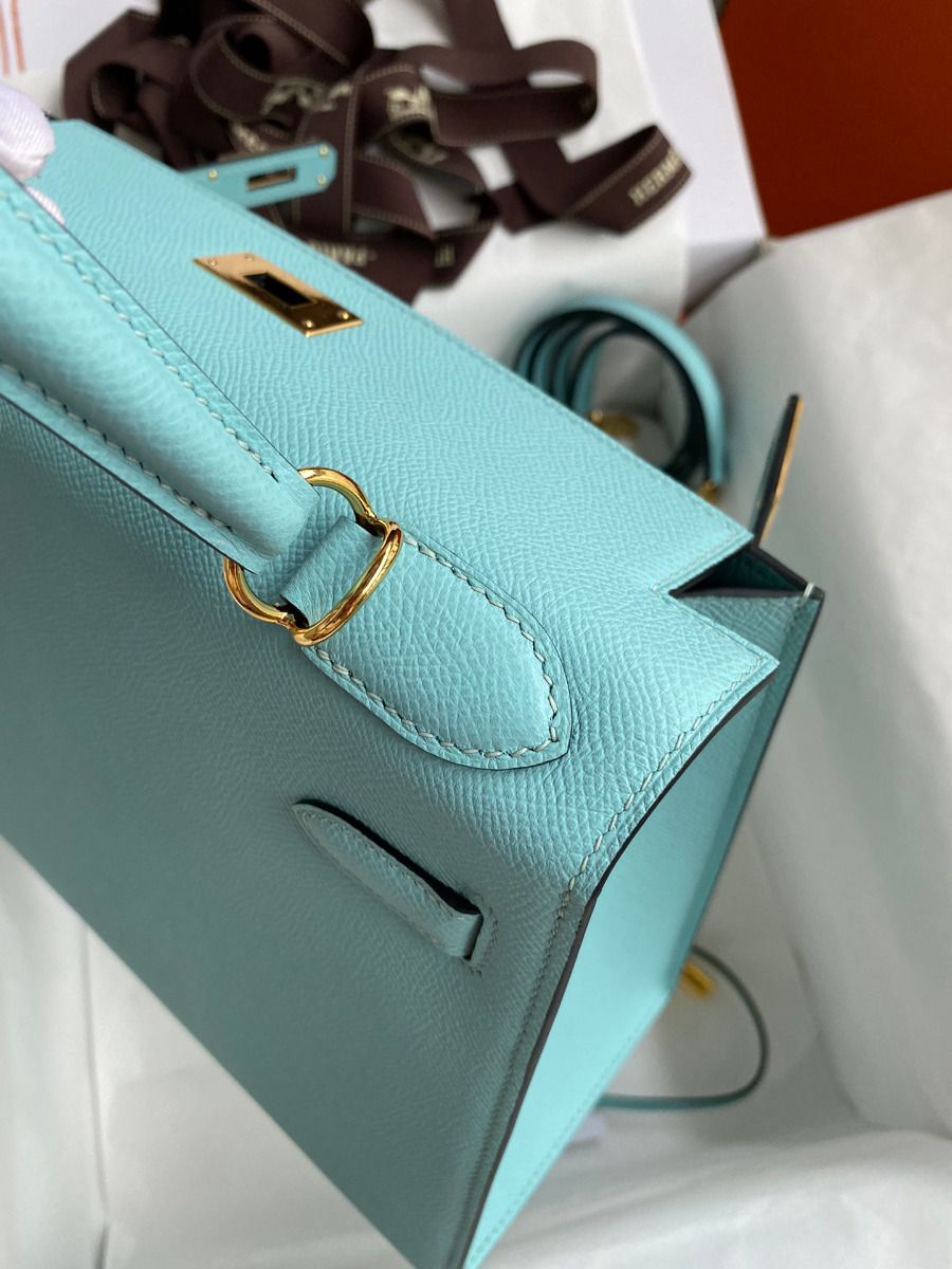 Hermes Kelly Sellier 28 Handmade Bag In Blue Atoll Epsom Calfskin - Image 7