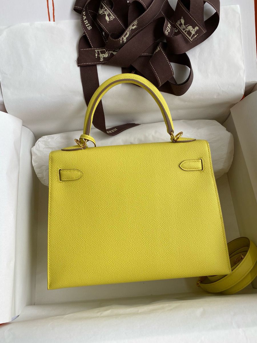 Hermes Kelly Sellier 28 Handmade Bag In Lime Epsom Calfskin - Image 3