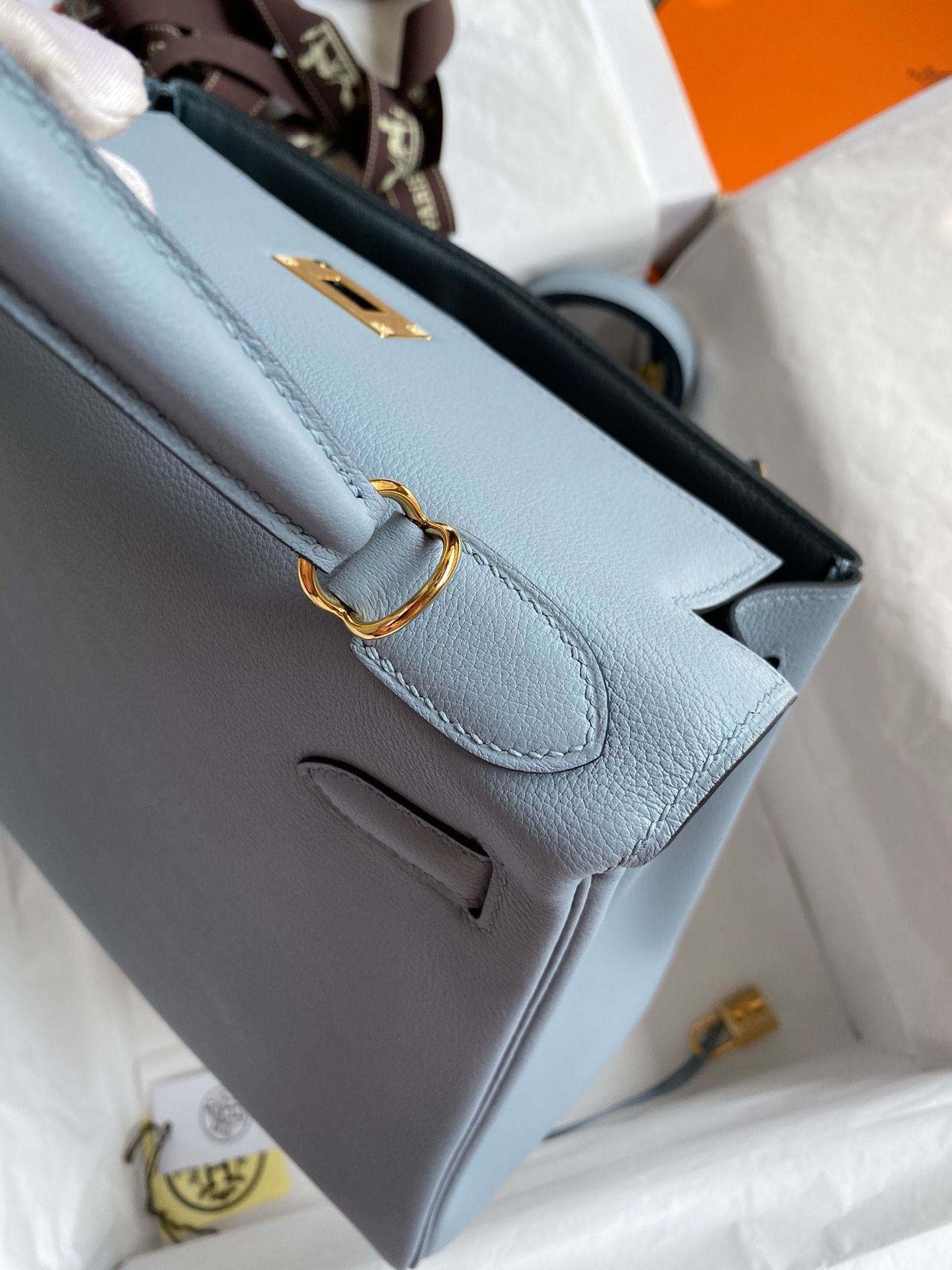 Hermes Kelly Retourne 28 Handmade Bag in Blue Lin Evercolor Calfskin - Image 7