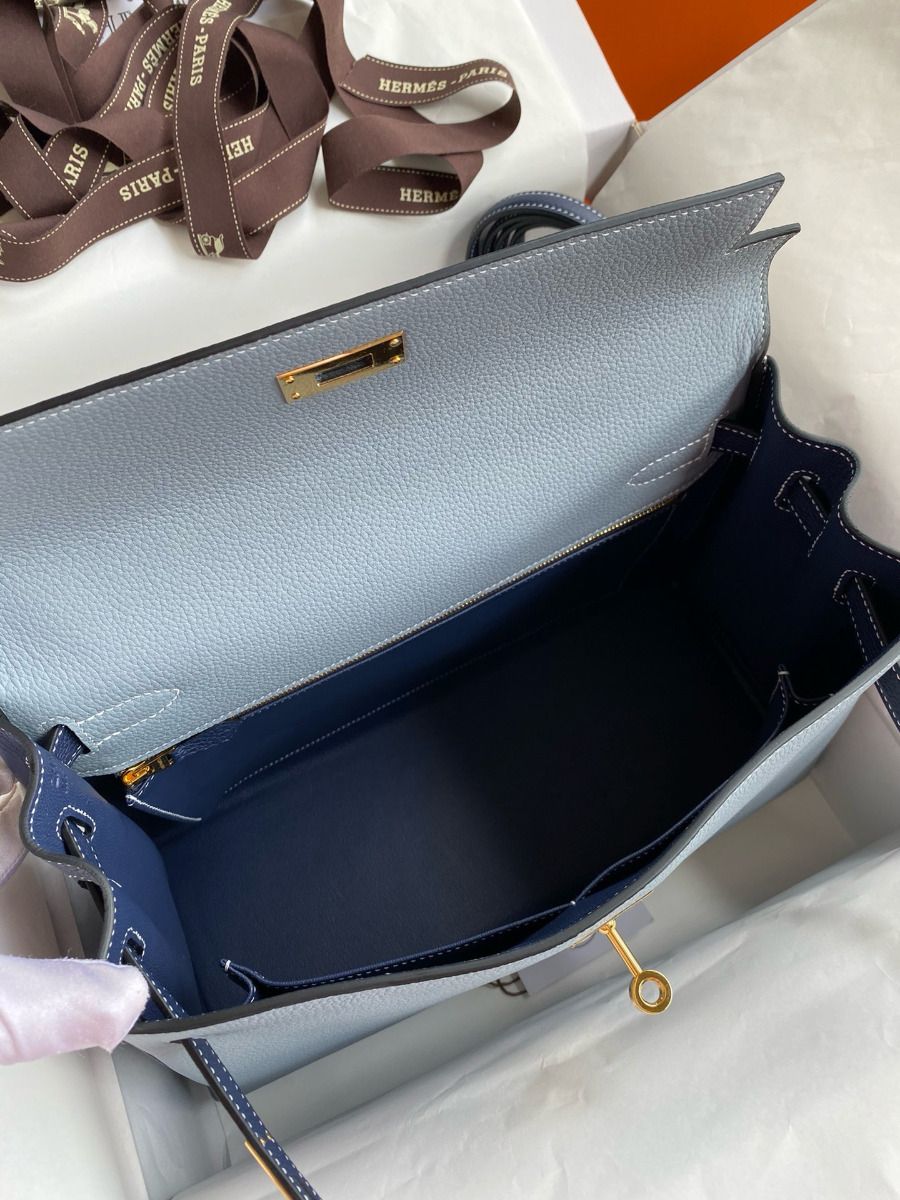 Hermes HSS Kelly 32 Bicolor Bag in Blue Lin and Blue Clemence Leather - Image 9
