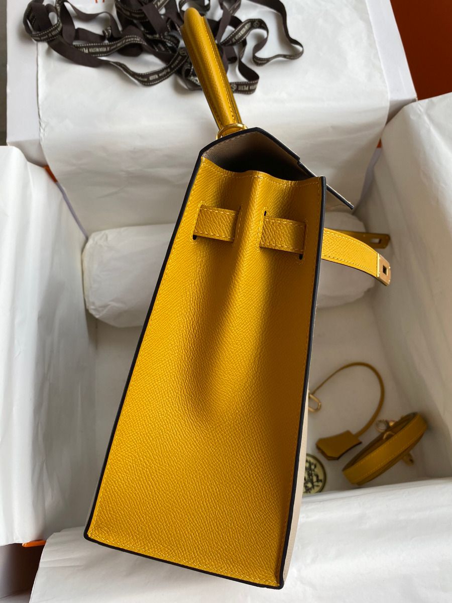 Hermes Kelly Sellier 32 Bicolor Bag in Trench and Yellow Epsom Calfskin - Image 6