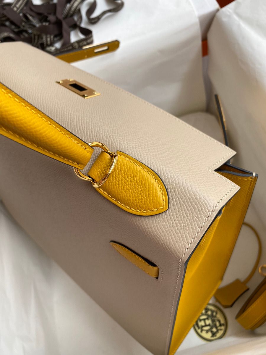 Hermes Kelly Sellier 32 Bicolor Bag in Trench and Yellow Epsom Calfskin - Image 7