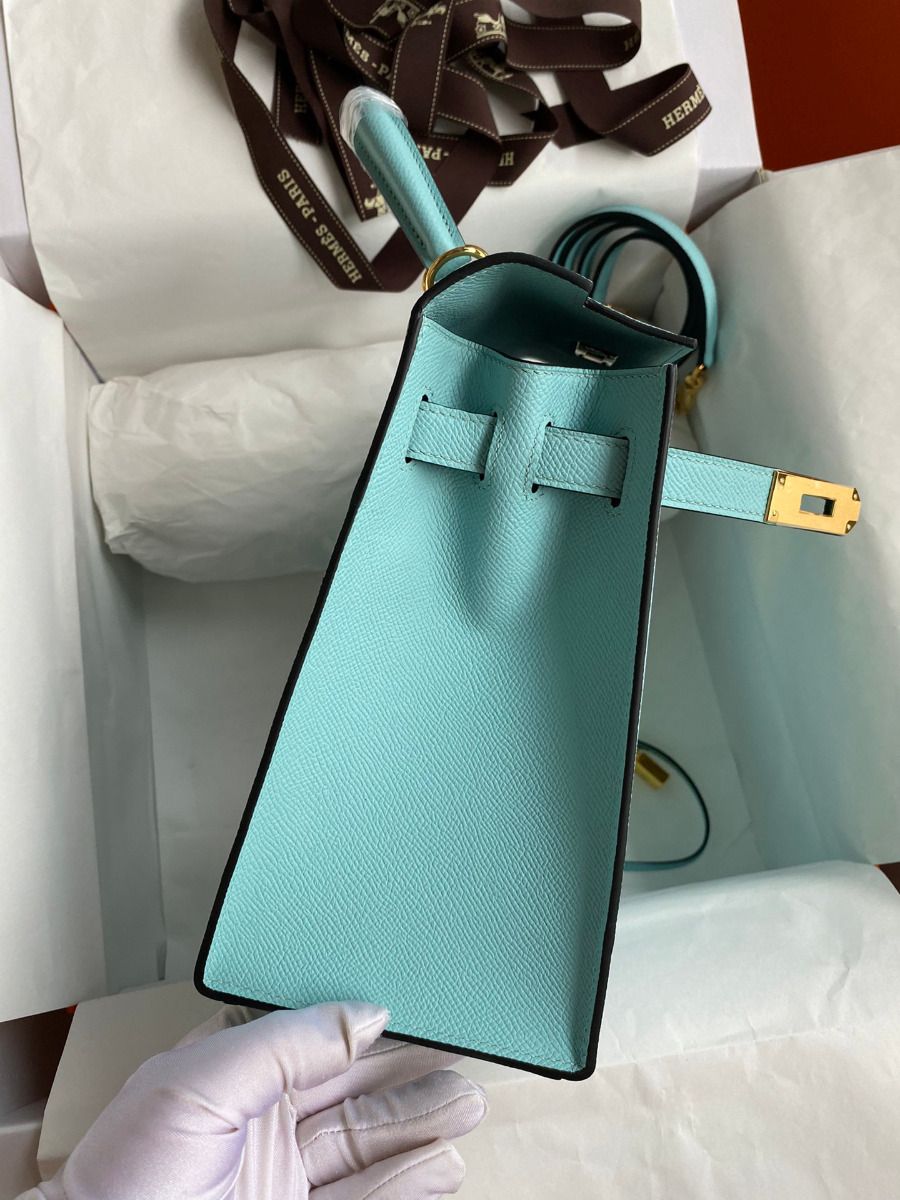 Hermes Kelly Sellier 32 Handmade Bag Blue Atoll Black Epsom Calfskin - Image 6