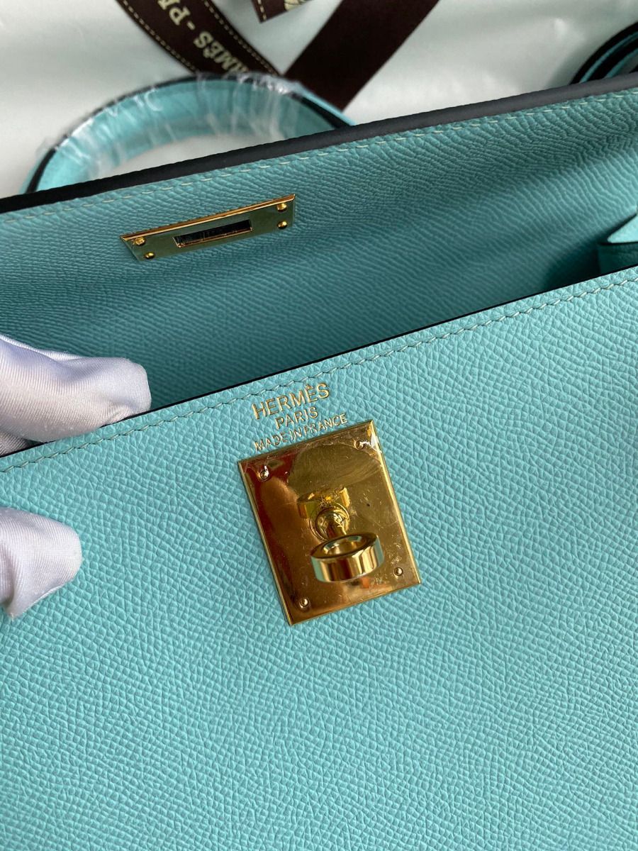 Hermes Kelly Sellier 32 Handmade Bag Blue Atoll Black Epsom Calfskin - Image 8