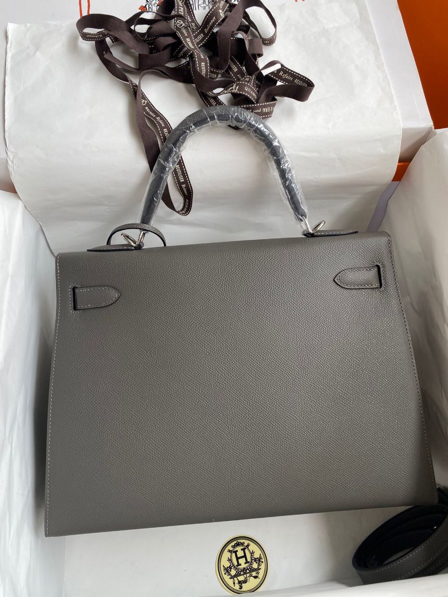 Hermes Kelly Sellier 32 Handmade Bag In Etain Epsom Calfskin - Image 3