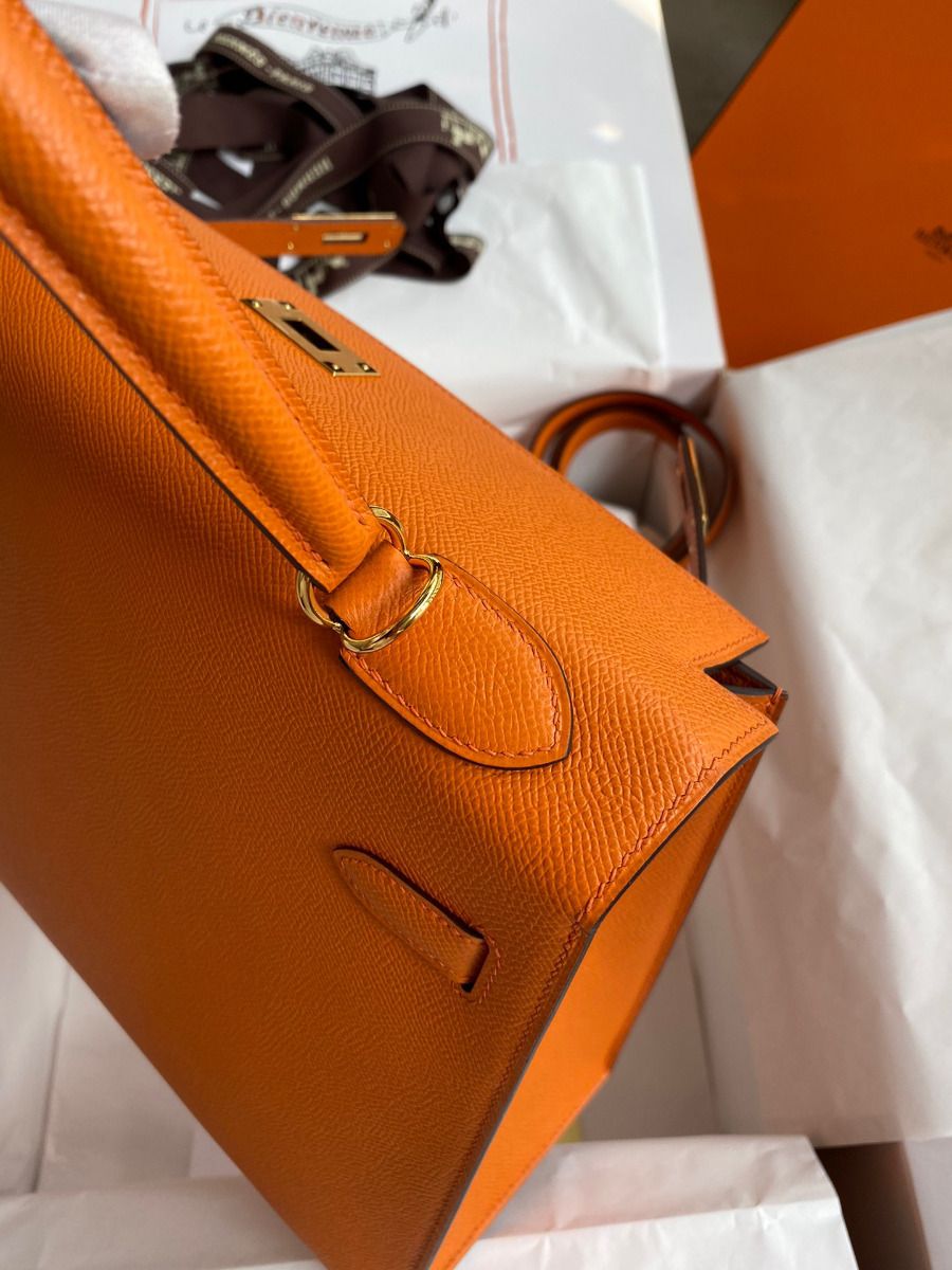 Hermes Kelly Sellier 32 Handmade Bag In Orange Epsom Calfskin - Image 7