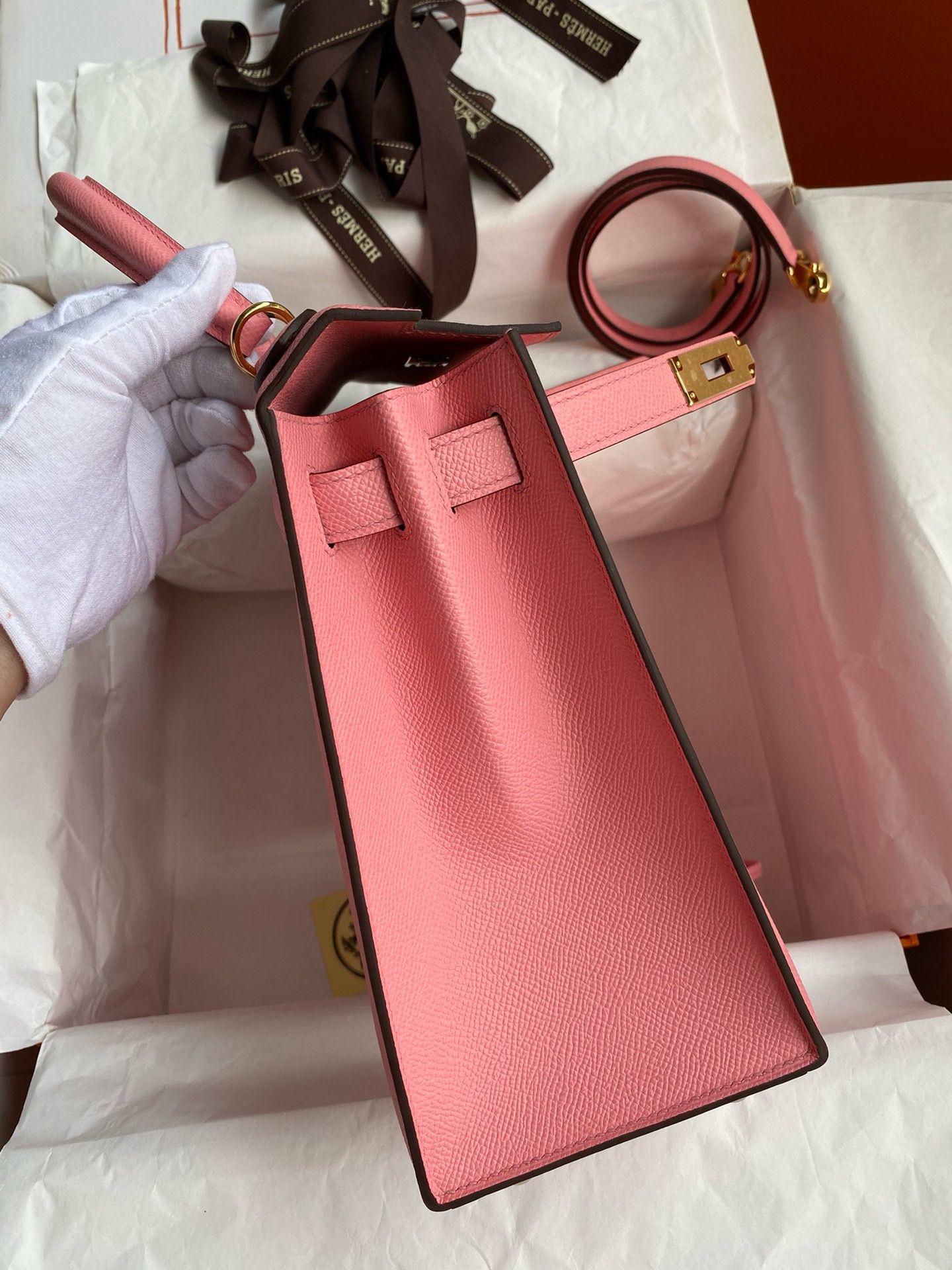 Hermes Kelly Sellier 32 Handmade Bag In Rose Confetti Epsom Calfskin - Image 6