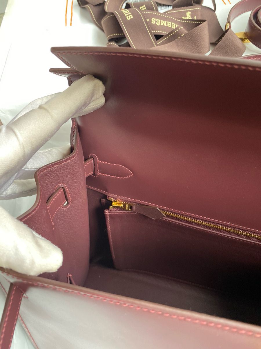 Hermes Kelly Sellier 35 Handmade Bag In Bordeaux Box Calfskin - Image 10
