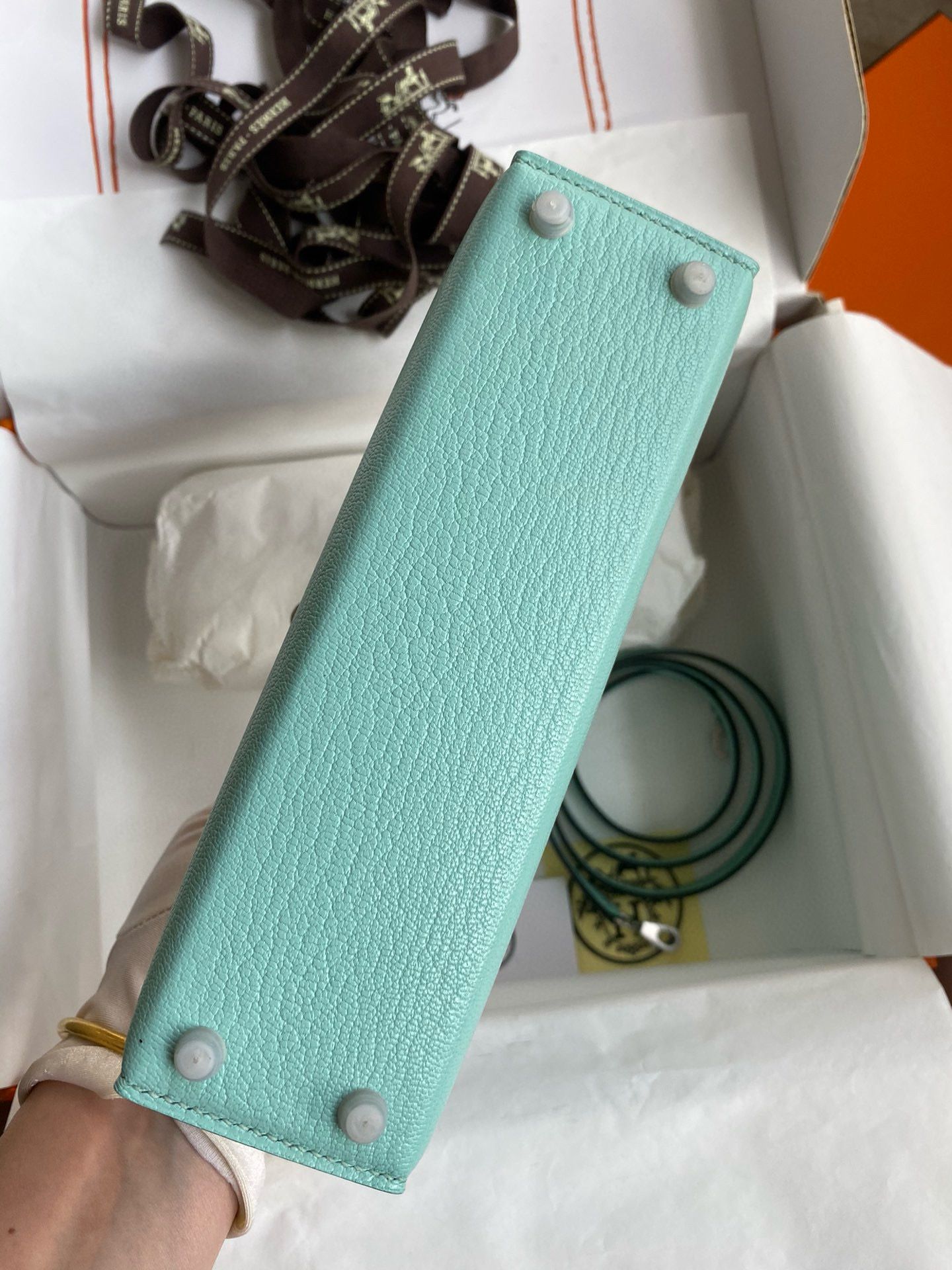 Hermes Kelly Mini II Verso Sellier Handmade Bag in Aqua Chevre Mysore Goatskin - Image 4