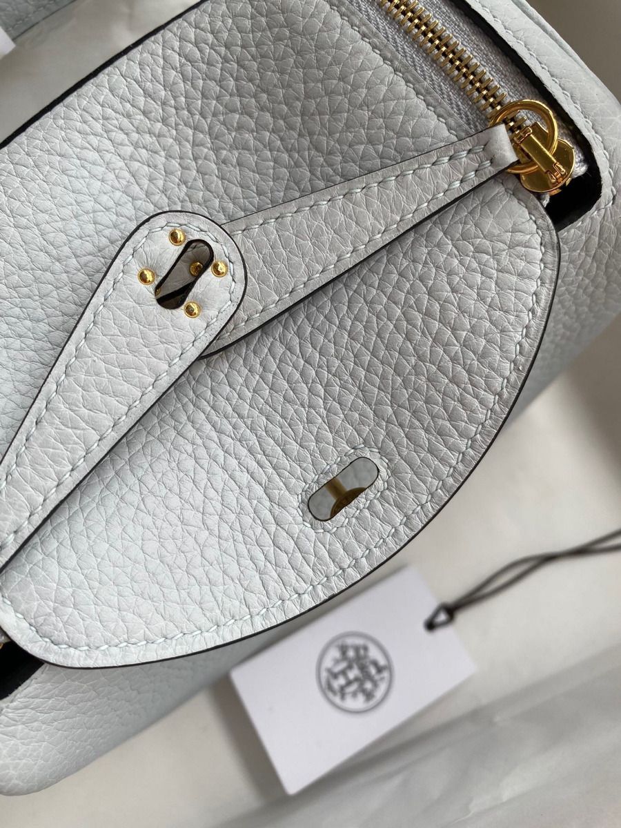 Hermes Mini Lindy Handmade Bag In Blue Brume Clemence Leather - Image 7