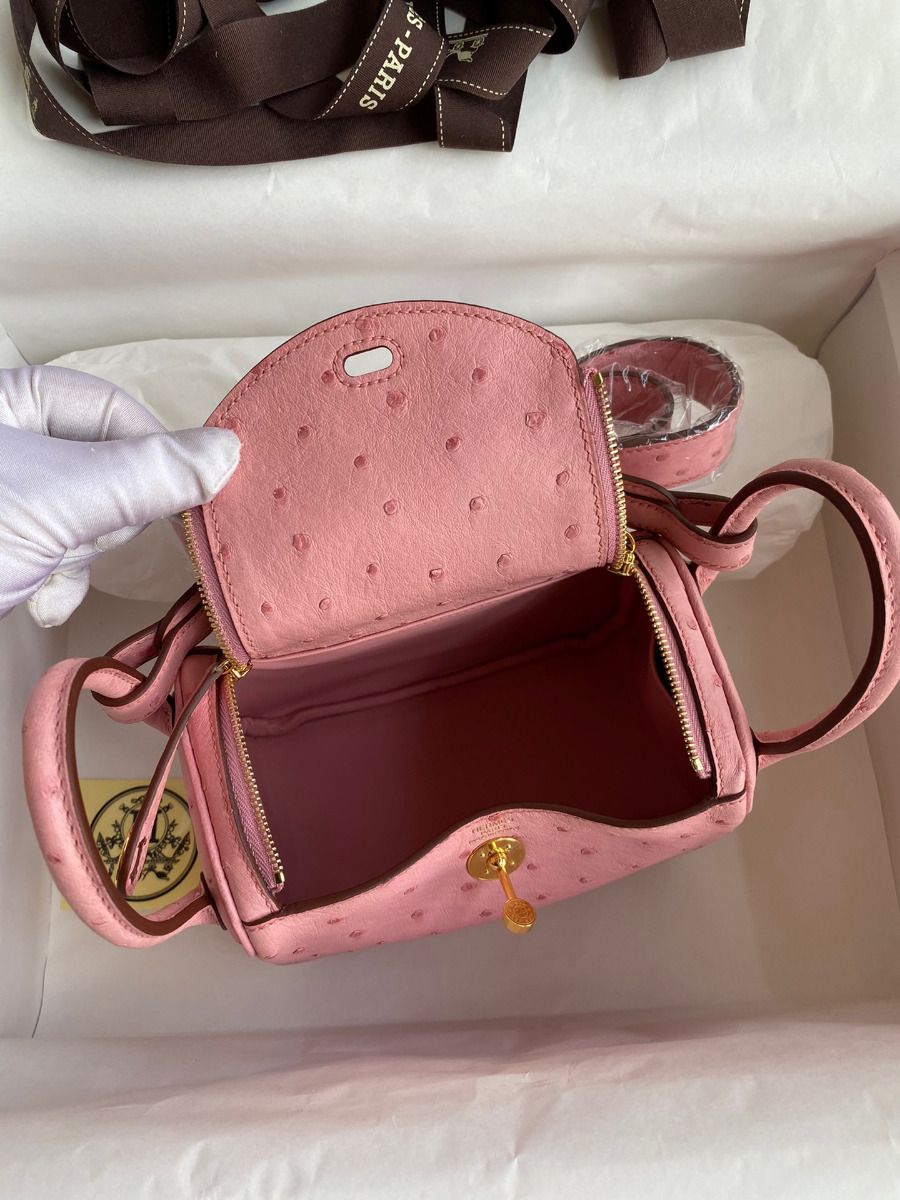 Hermes Mini Lindy Handmade Bag In Rose Sakura Ostrich Leather - Image 8