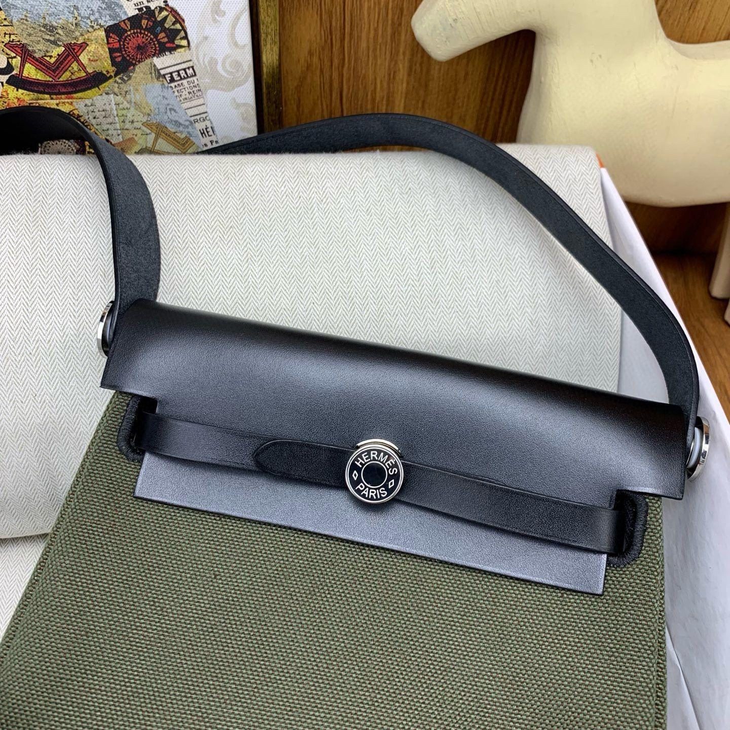 Hermes Herbag Zip 20 Bag in Green Canvas and Black Hunter Calfskin - Image 7