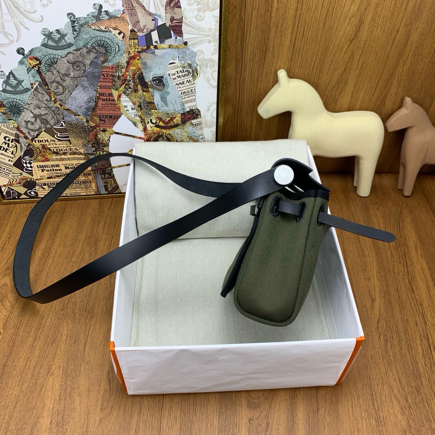 Hermes Herbag Zip 20 Bag in Green Canvas and Black Hunter Calfskin - Image 9