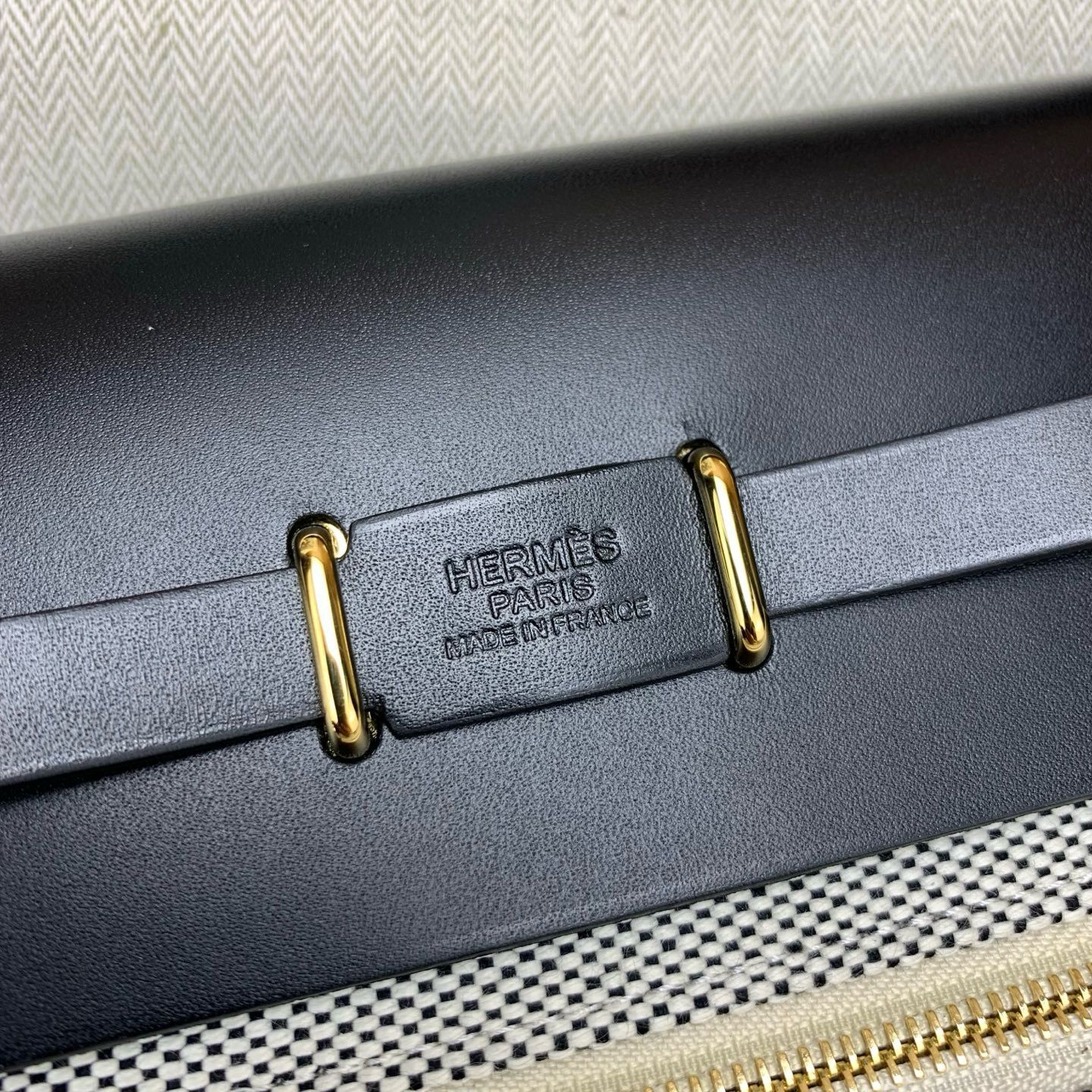 Hermes Herbag Zip 20 Bag in Grey Canvas and Black Hunter Calfskin - Image 9