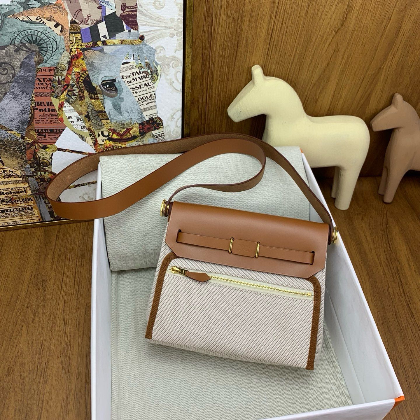 Hermes Herbag Zip 20 Bag in Canvas and Gold Hunter Calfskin - Image 5