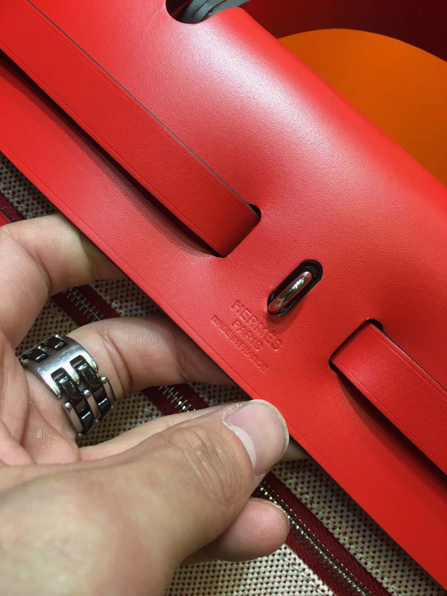 Hermes Herbag Zip 31cm Bag In Red Toile And Leather - Image 7