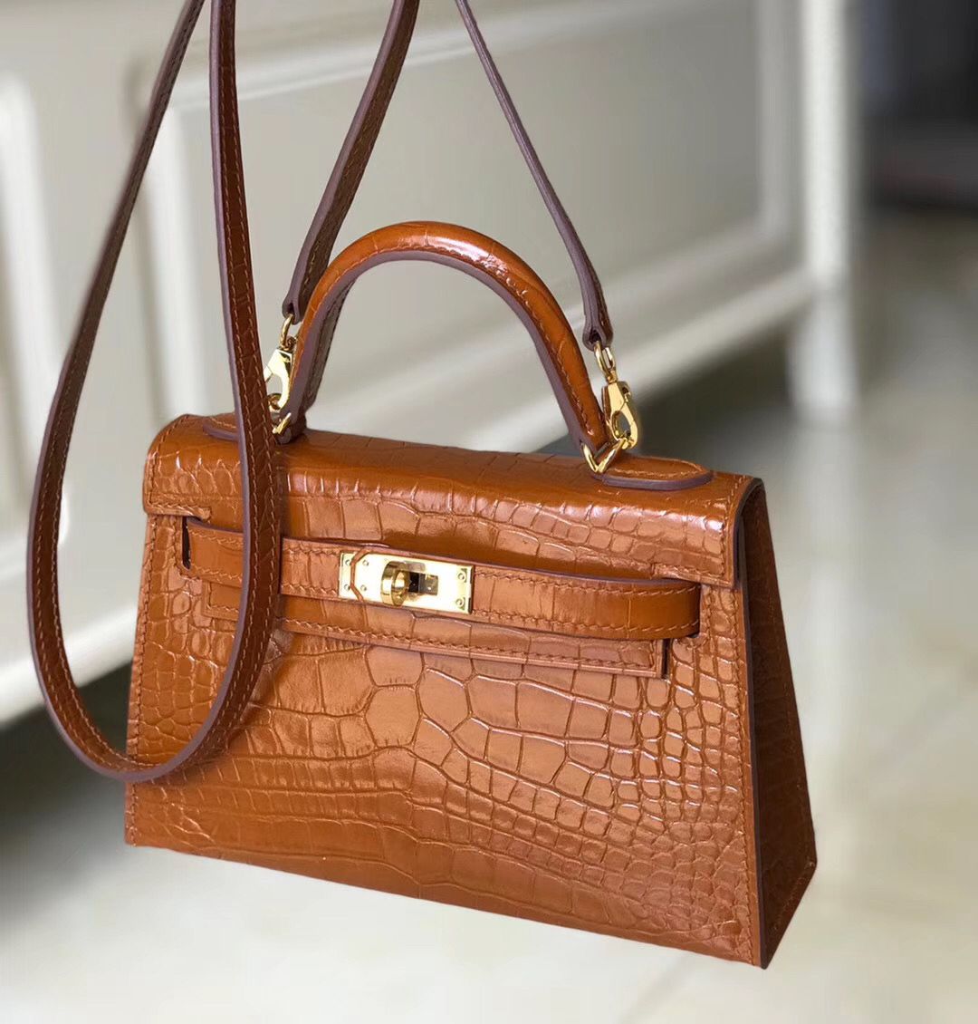 Hermes Kelly Mini II Handmade Bag In Brown Crocodile Embossed Leather - Image 5