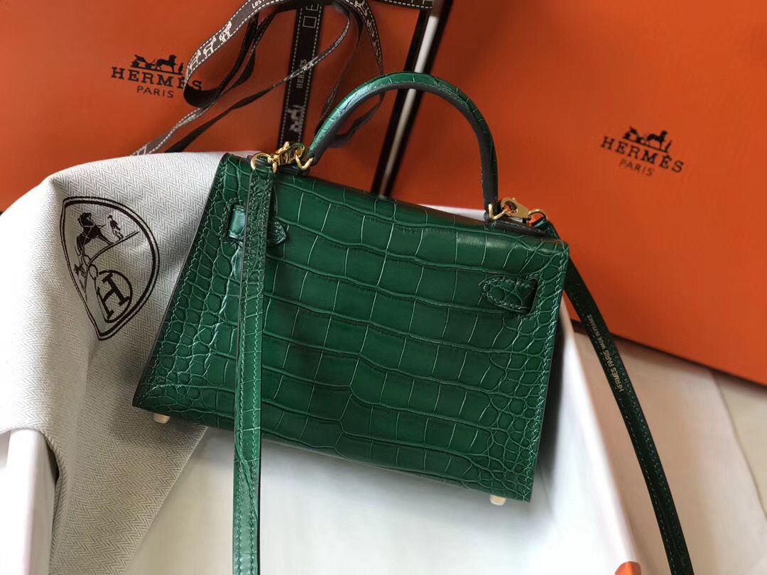Hermes Kelly Mini II Handmade Bag In Green Crocodile Embossed Leather - Image 9