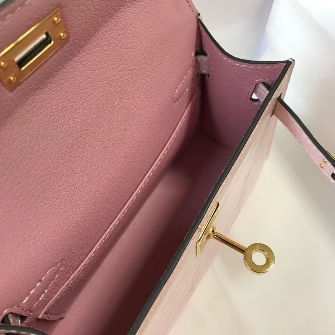 Hermes Kelly Mini II Bag In Rose Dragee Embossed Crocodile Leather - Image 9