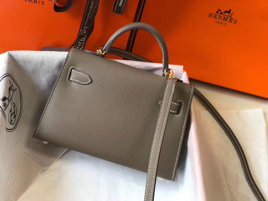 Hermes Kelly Mini II Bag In Taupe Grey Epsom Leather GHW - Image 3