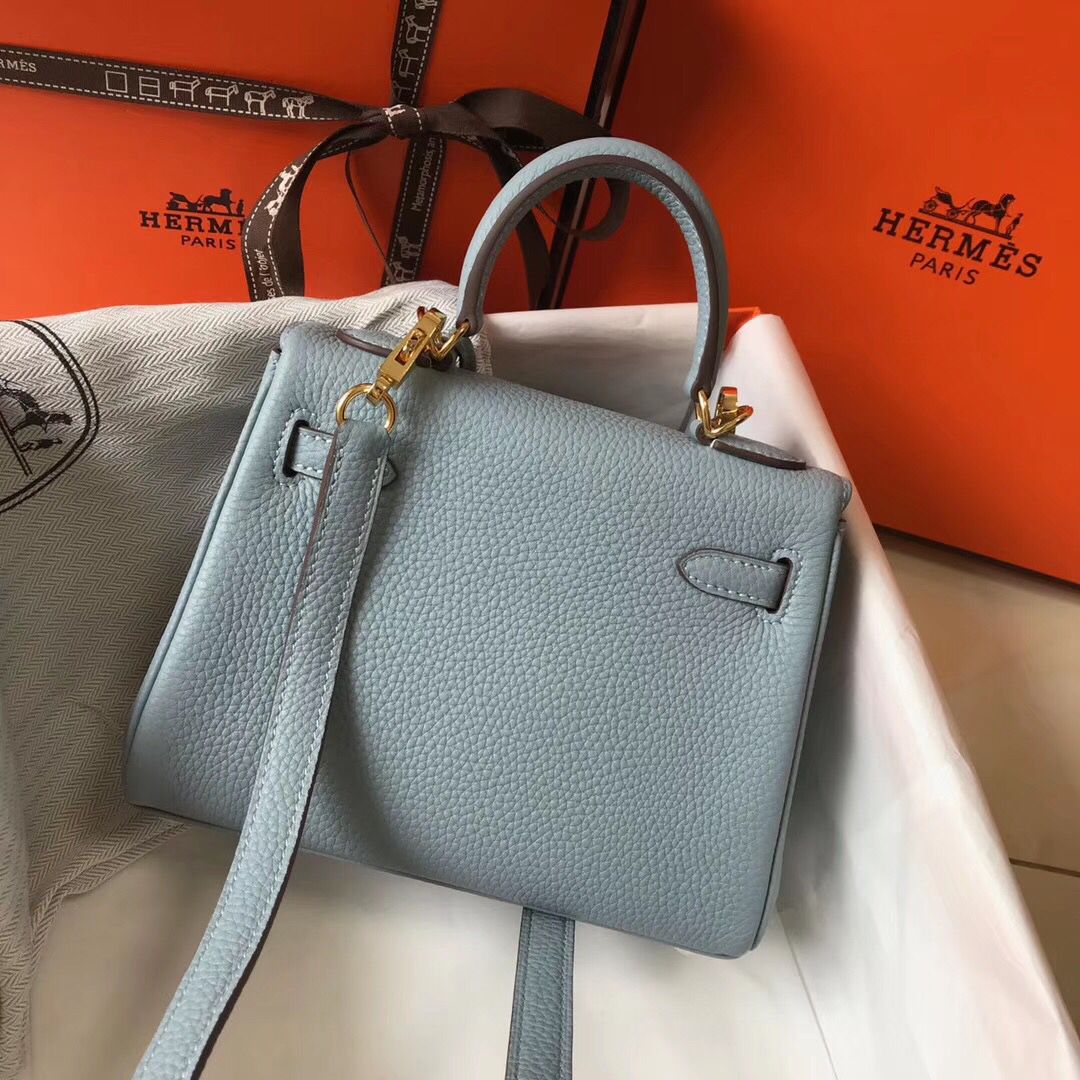 Hermes Kelly 20cm Bag In Blue Lin Clemence Leather GHW - Image 3