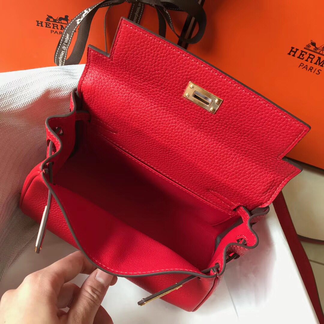 Hermes Kelly 20cm Bag In Red Clemence Leather GHW - Image 9
