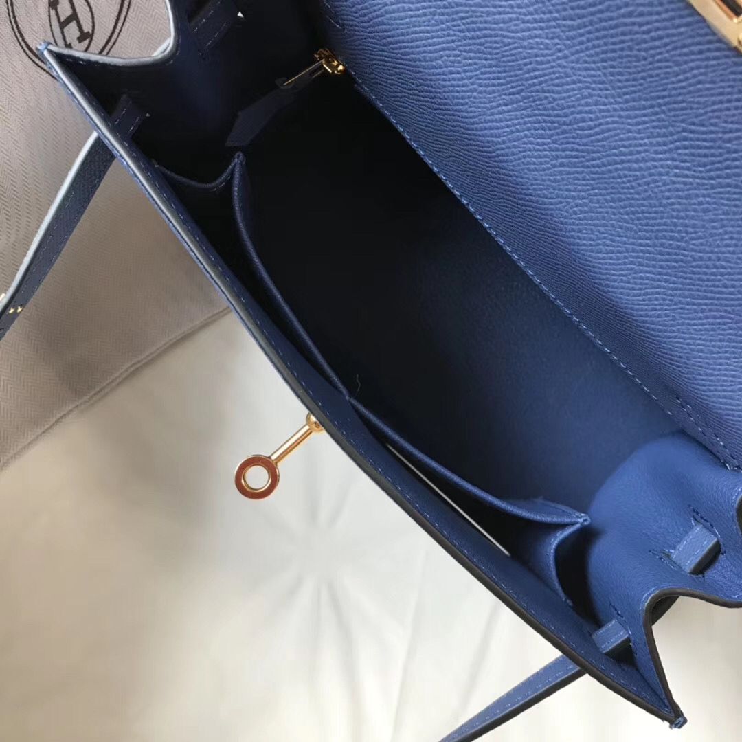 Hermes Kelly 25cm Sellier Bag In Agate Blue Epsom Leather - Image 9