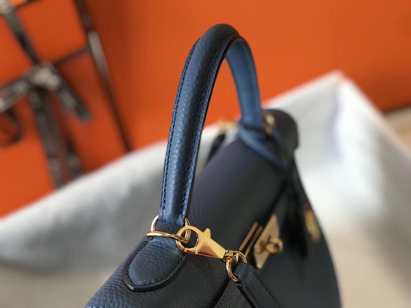 Hermes Kelly 32cm Bag In Blue Agate Clemence Leather GHW - Image 5