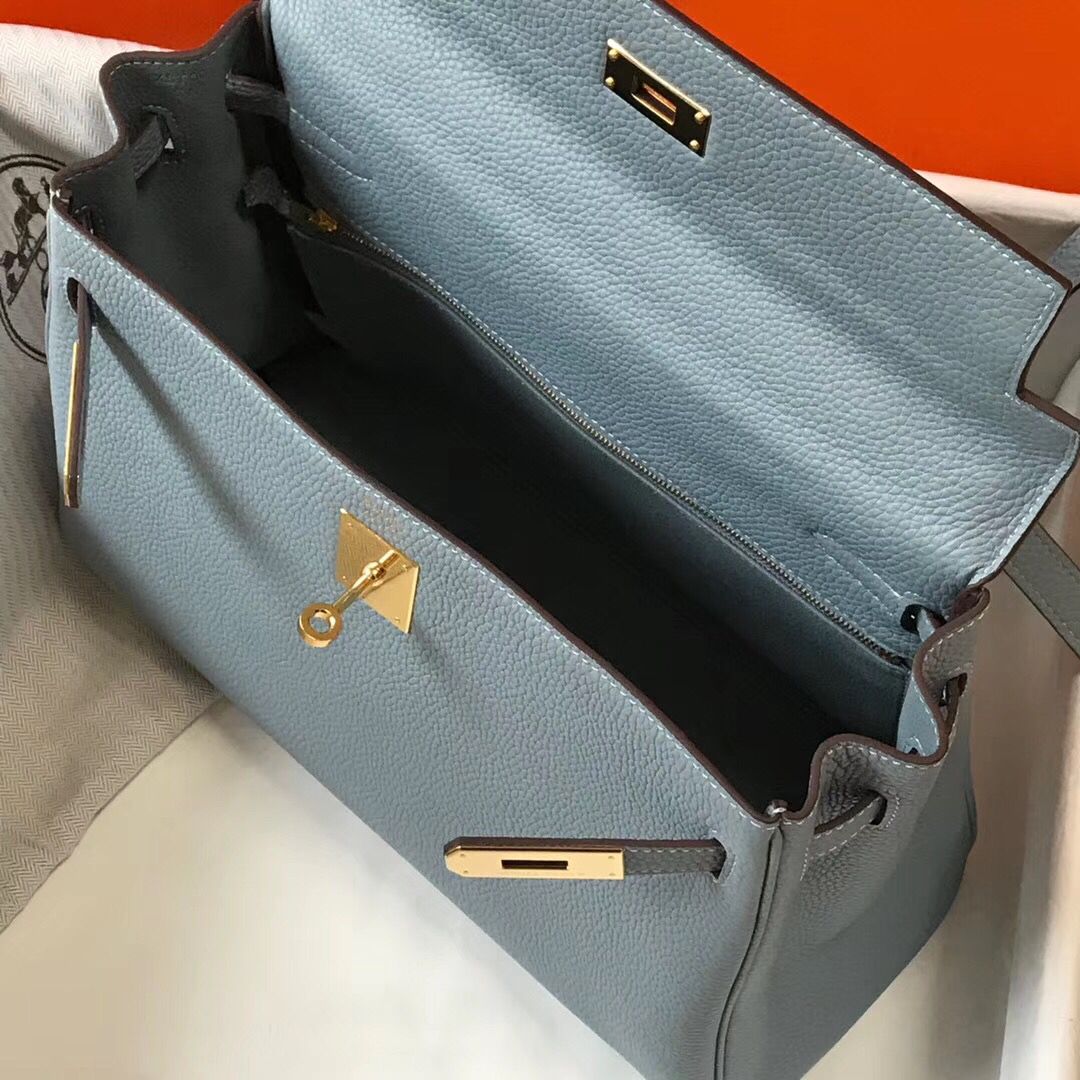 Hermes Kelly 32cm Bag In Blue Lin Clemence Leather GHW - Image 9