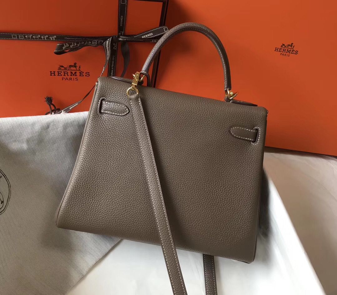 Hermes Kelly 32cm Bag In Taupe Grey Clemence Leather GHW - Image 3