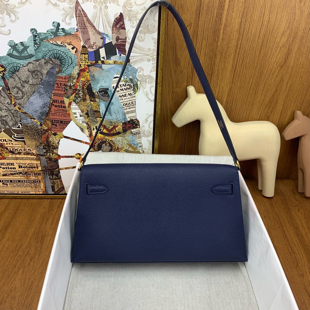 Hermes Kelly Elan Handmade Bag In Blue Saphir Chevre Mysore Leather - Image 3