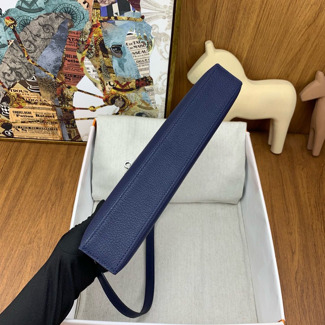 Hermes Kelly Elan Handmade Bag In Blue Saphir Chevre Mysore Leather - Image 9