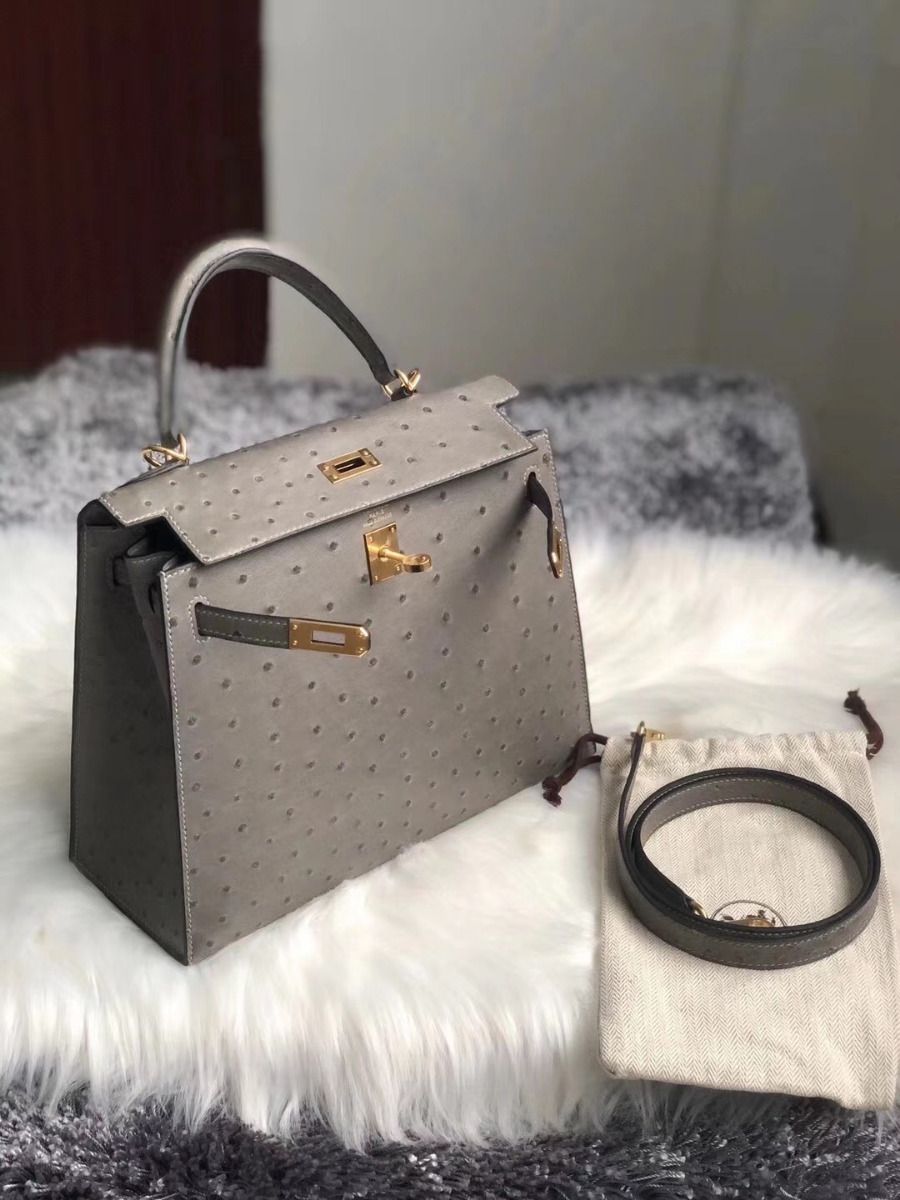 Hermes Kelly 25cm Handmade Bag In Gris Asphalt Ostrich Skin - Image 7