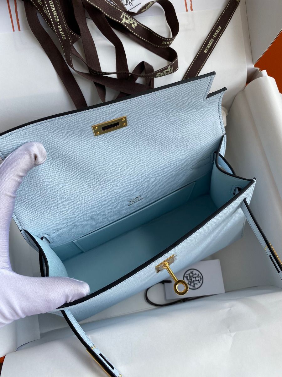 Hermes Kelly Pochette Handmade Bag In Blue Brume Epsom Calfskin - Image 9