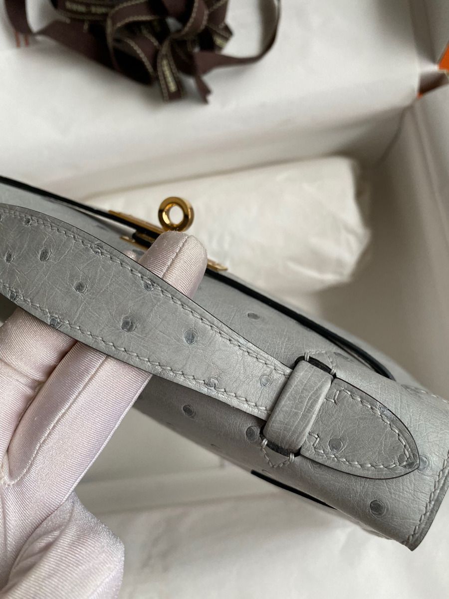 Hermes Kelly Pochette Handmade Bag In Blue Glacier Ostrich Leather - Image 7