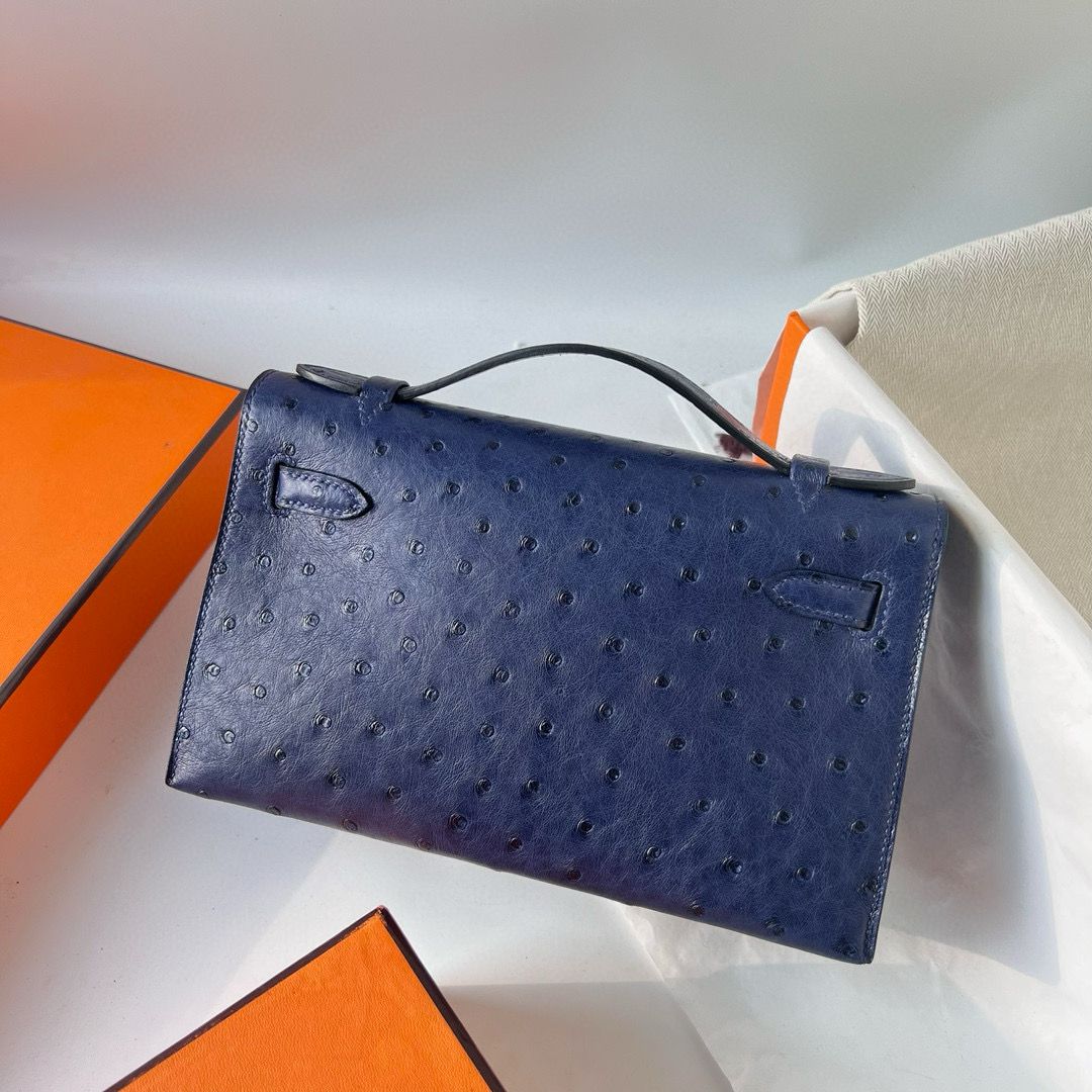 Hermes Kelly Pochette Handmade Bag in Blue de Malte Ostrich Leather - Image 6