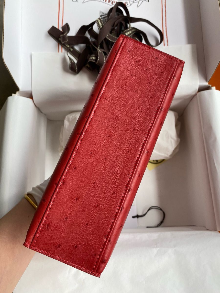 Hermes Kelly Pochette Handmade Bag In Red Ostrich Leather - Image 9