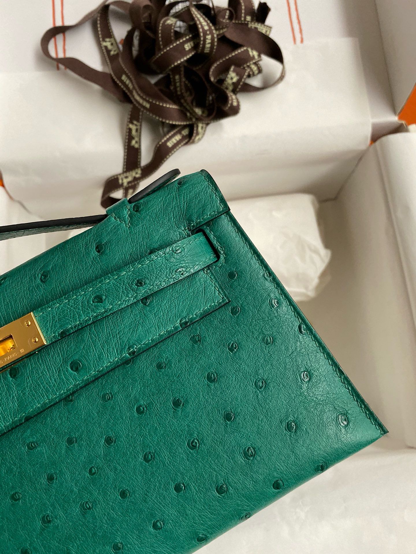 Hermes Kelly Pochette Handmade Bag in Vert Vertigo Bordeaux Ostrich Leather - Image 5