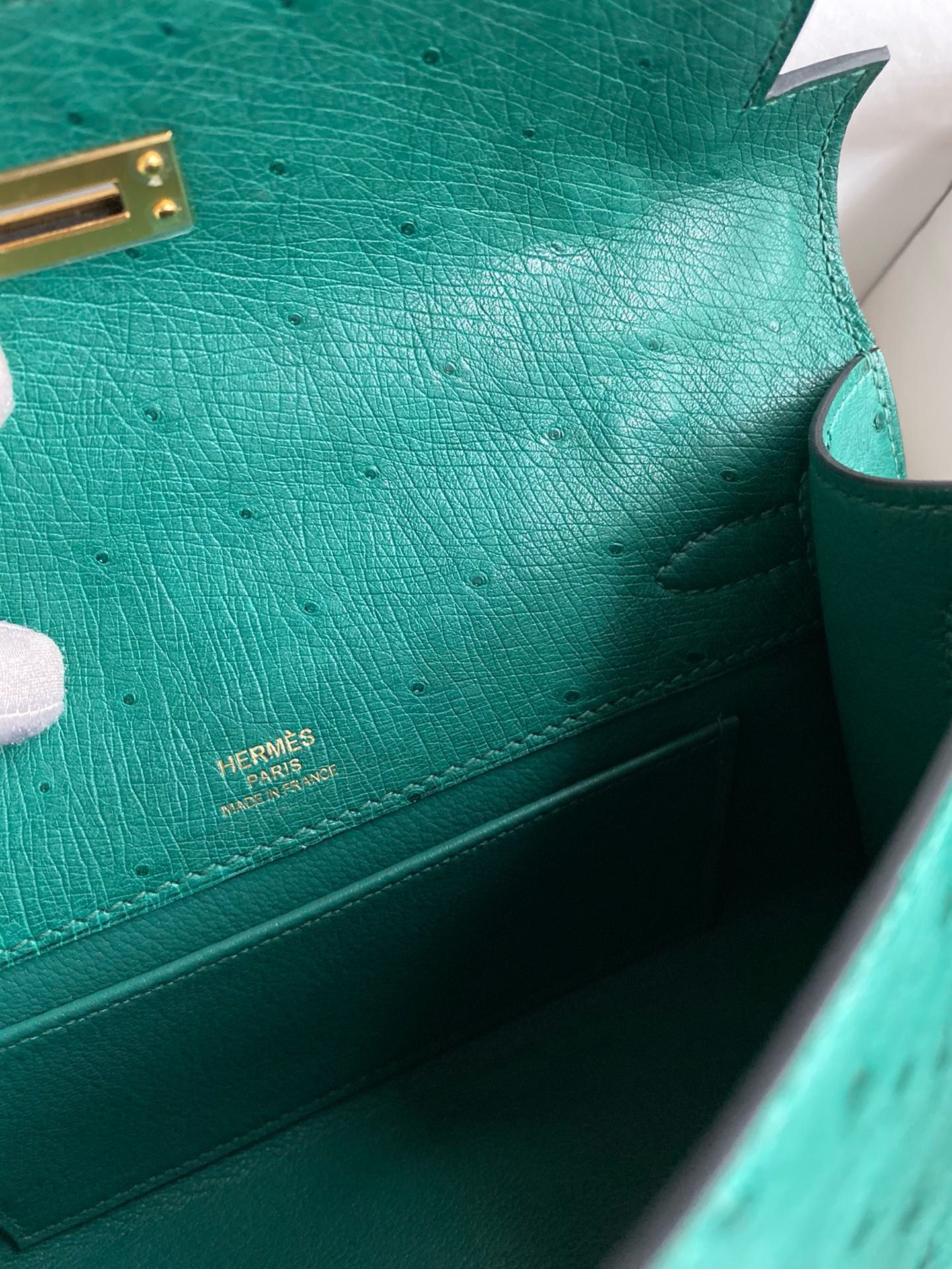 Hermes Kelly Pochette Handmade Bag in Vert Vertigo Bordeaux Ostrich Leather - Image 10