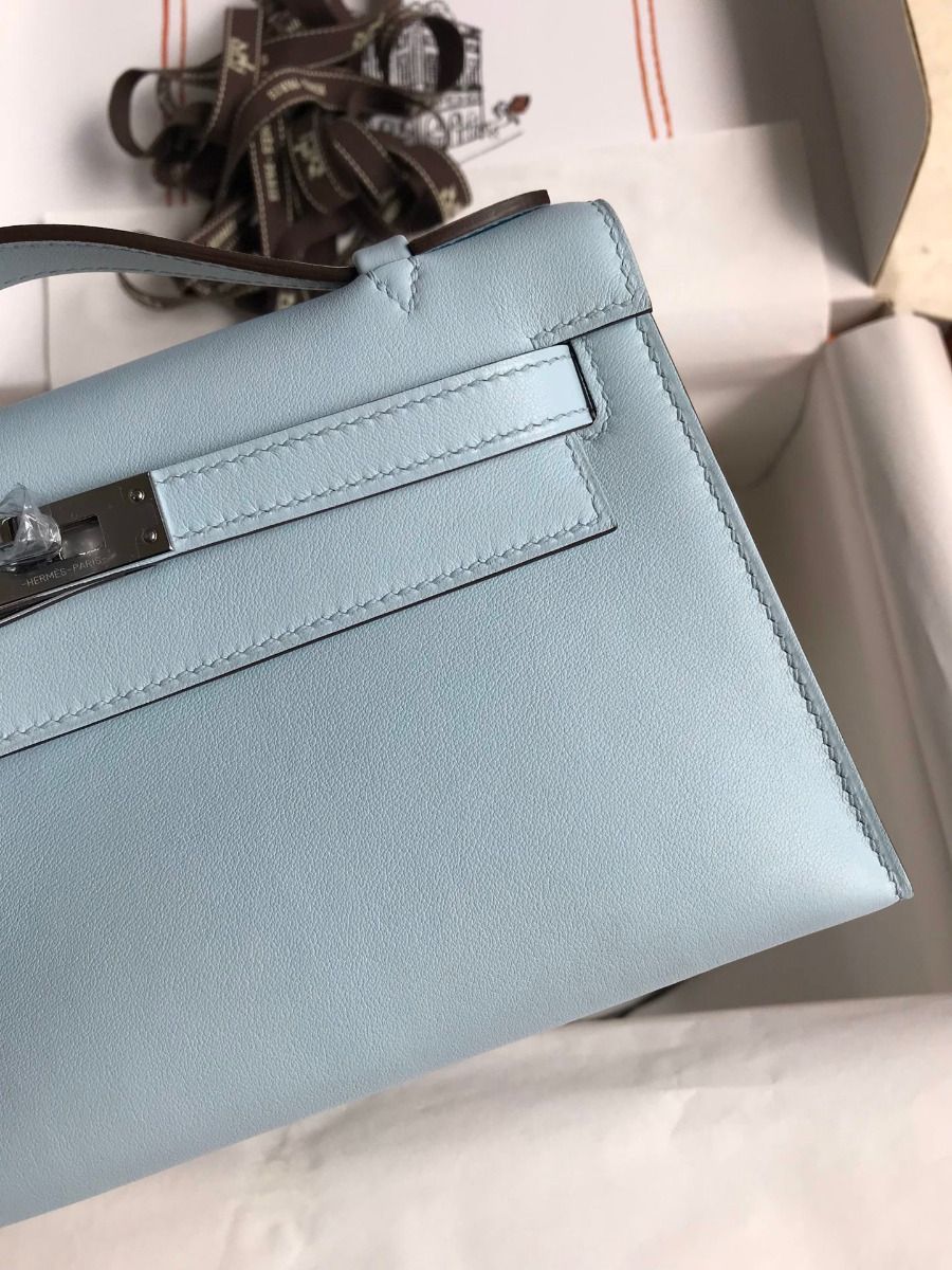 Hermes Kelly Pochette Handmade Bag In Blue Brume Swift Calfskin - Image 10