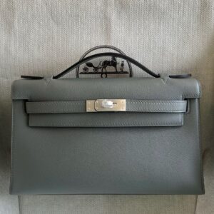 Hermes Kelly Pochette Handmade Bag in Gris Meyer Swift Calfskin