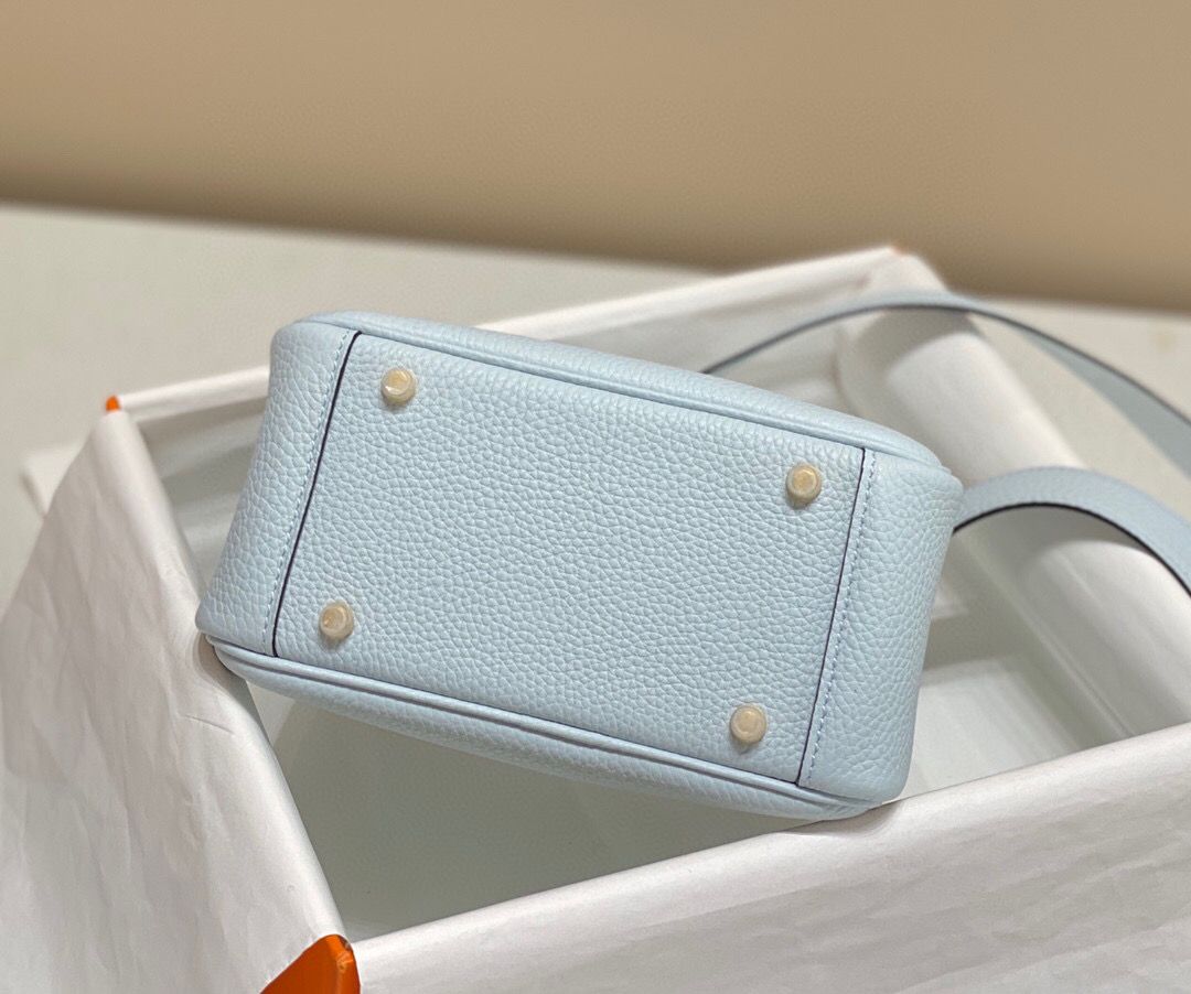 Hermes Lindy Mini Bag In Blue Brume Clemence Leather GHW - Image 9